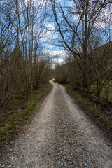 An unpaved road that passes through mountainous areas and forests. A winding dirt country road. A winding dirt road through the forest. The road leads into the mountains.