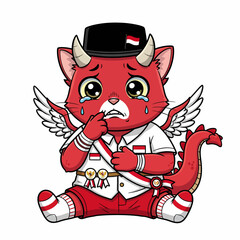 Fototapeta premium A red cartoon cat with wings and a dragon tail, wearing Indonesian attire, looks sad and is crying.