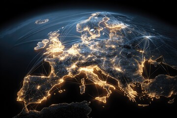 European continent at night, illuminated cities, global network of air routes
