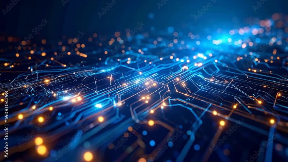 Poster futuristic technology background with glowing circuit board and data flow