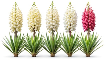 Fototapeta premium Five flowering Yucca plants with white and one red blossom on white background