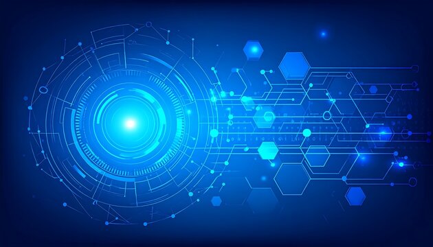Abstract digital circuit design, with glowing, concentric circles and hexagonal shapes.  Light-blue lines and dots create a complex, interconnected system
