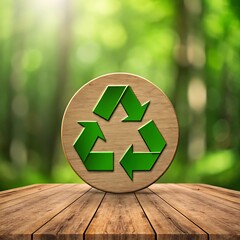 Green Recycling Symbol on Wooden Plaque in Nature – Environmental Awareness and Sustainability Concept Art