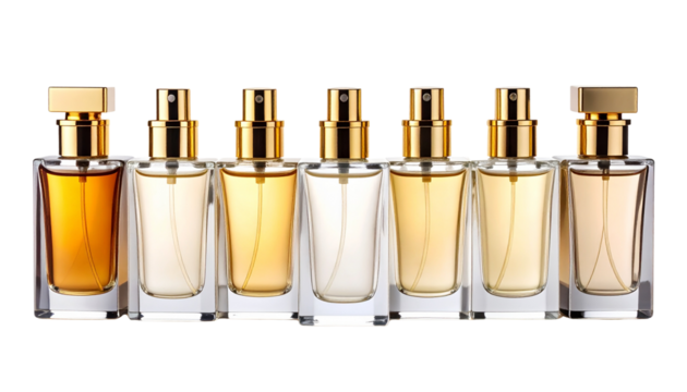 Six exquisite perfume bottles with luxurious golden caps, a symphony of scent and sophistication isolated on solid white background Png