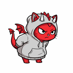 An angry red cat character wearing a grey dragon hoodie with horns, wings, and a tail.