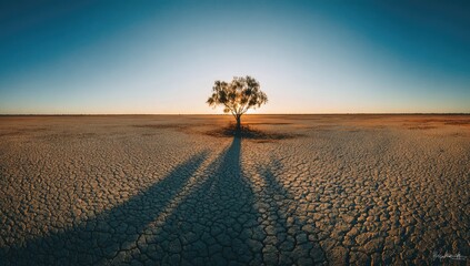 Single tree casts long shadow on cracked earth at sunrise