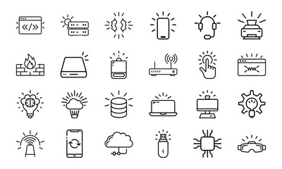 Technology and IT Line Icons Set with Light Up Effect – Coding, Cloud, Networking, Cybersecurity, AI, Server, and Device Interface Symbols on White Background