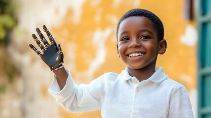 A smiling black boy waving with a prosthetic arm. The lifestyle of disabled children
