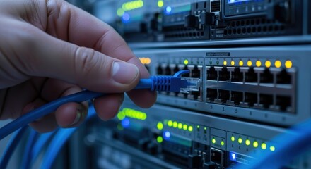 IT Professional Connecting Ethernet Cable to Network Switch in Data Center. Hand Plugging Blue Network Cord into Server Rack for High-Speed Data Transfer.