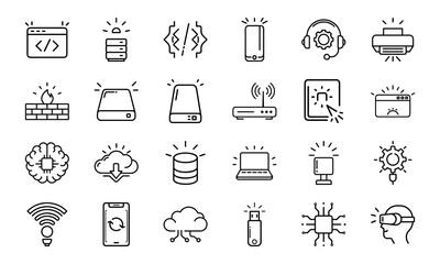 Technology and IT Line Icons Set with Light Up Effect – Coding, Cloud, Networking, Cybersecurity, AI, Server, and Device Interface Symbols on White Background