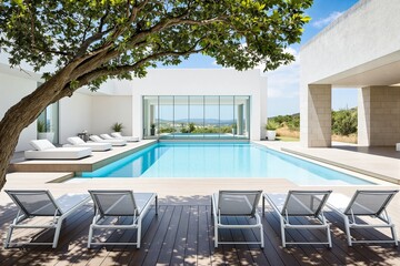 Fototapeta premium Luxury outdoor pool area with lounge chairs and scenic view.