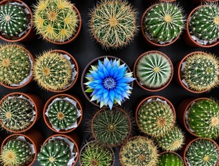 Fototapeta premium Collection of potted cacti with a vibrant blue flower centerpiece.