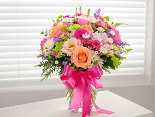 Obraz premium Vibrant Bouquet of Mixed Flowers in Glass Vase