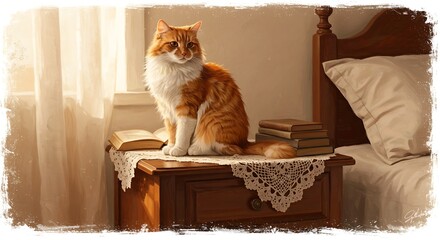 Fluffy Ginger Cat on Wooden Nightstand – Cozy Home, Books, Domestic Scene, Lace Doily, Relaxing Moments
