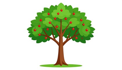 Obraz premium Cartoon illustration of a fruit tree. Green leaves, full canopy, and numerous red berries hang from branches. Simple, stylized design. Tree trunk is a rich brown. Base is a grassy area