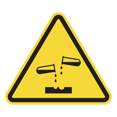 Yellow triangular corrosive material warning sign with test tubes dripping onto a surface. Ideal for chemical safety labels, hazard signage, lab alerts, and industrial safety instructions.