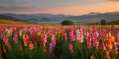 A field of gladiolus with distant hills and warm evening light