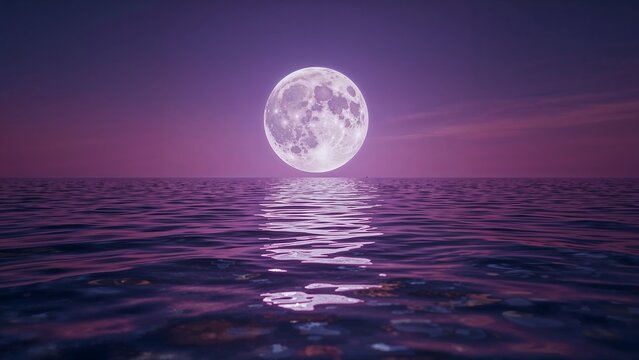 A full moon reflected on the water surface under a purple sky at night time scenery view image - Powered by Adobe