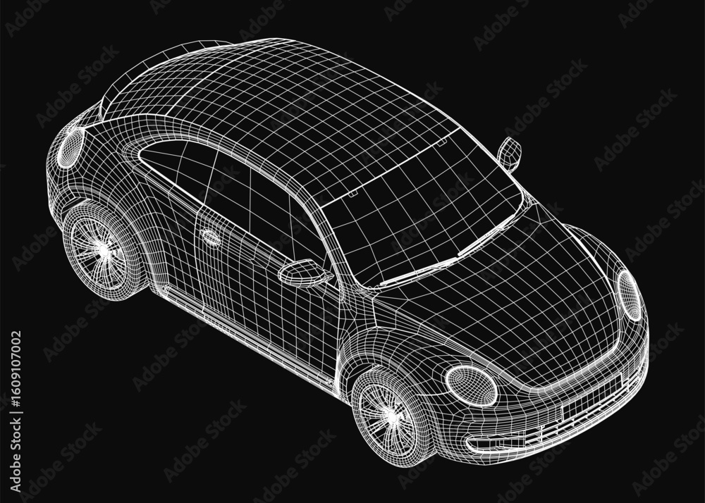 Poster a 3d wireframe model of a car displays intricate structural details on a black background. the trans