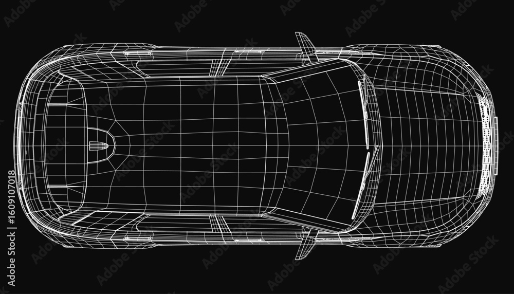 Poster a sleek 3d wireframe model of a car displayed on a black background highlights the intricate interio