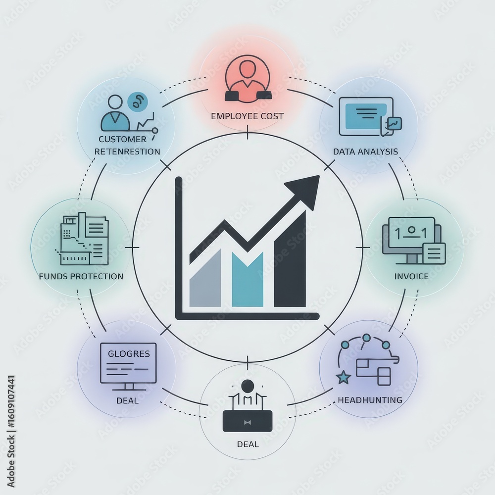 Aufkleber diagram showing rising profits surrounded by components like data analysis employee costs and custom