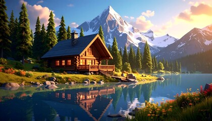 Fototapeta premium Log cabin by a lake, mountains in the background