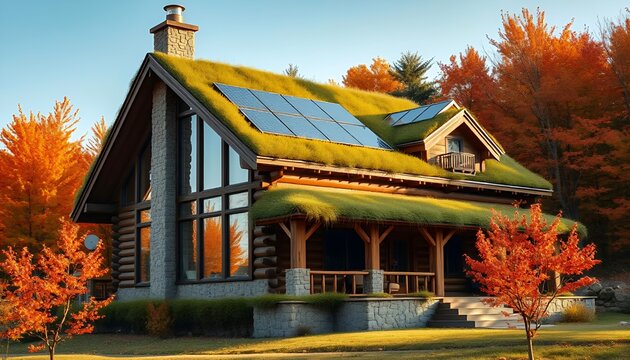 Cozy log cabin with green roof and solar panels surrounded by autumn foliage