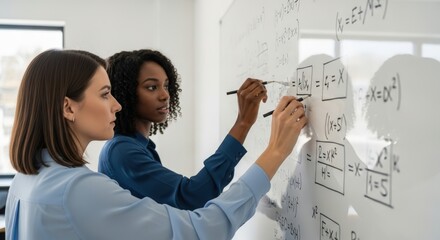 Focused diverse women collaborating on analytical solutions on a whiteboard in a modern business setting