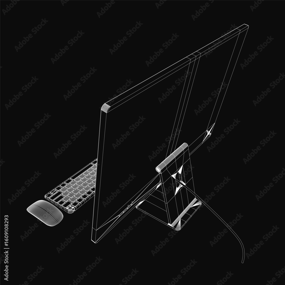 Poster a monoblock computer monitor displays a wireframe model, accompanied by a sleek keyboard and mouse o