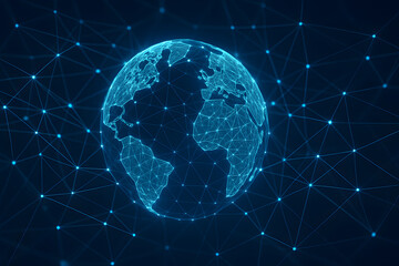 Glowing digital blue earth globe with connected network nodes on dark futuristic technology background, global communication data transfer concept, virtual world map illustration, internet connection