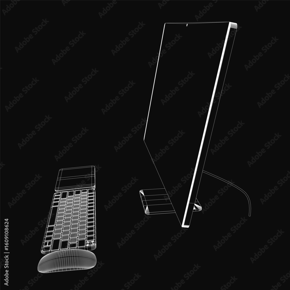 Poster a monoblock computer with a sleek black and white wireframe design features a thin bezel monitor and