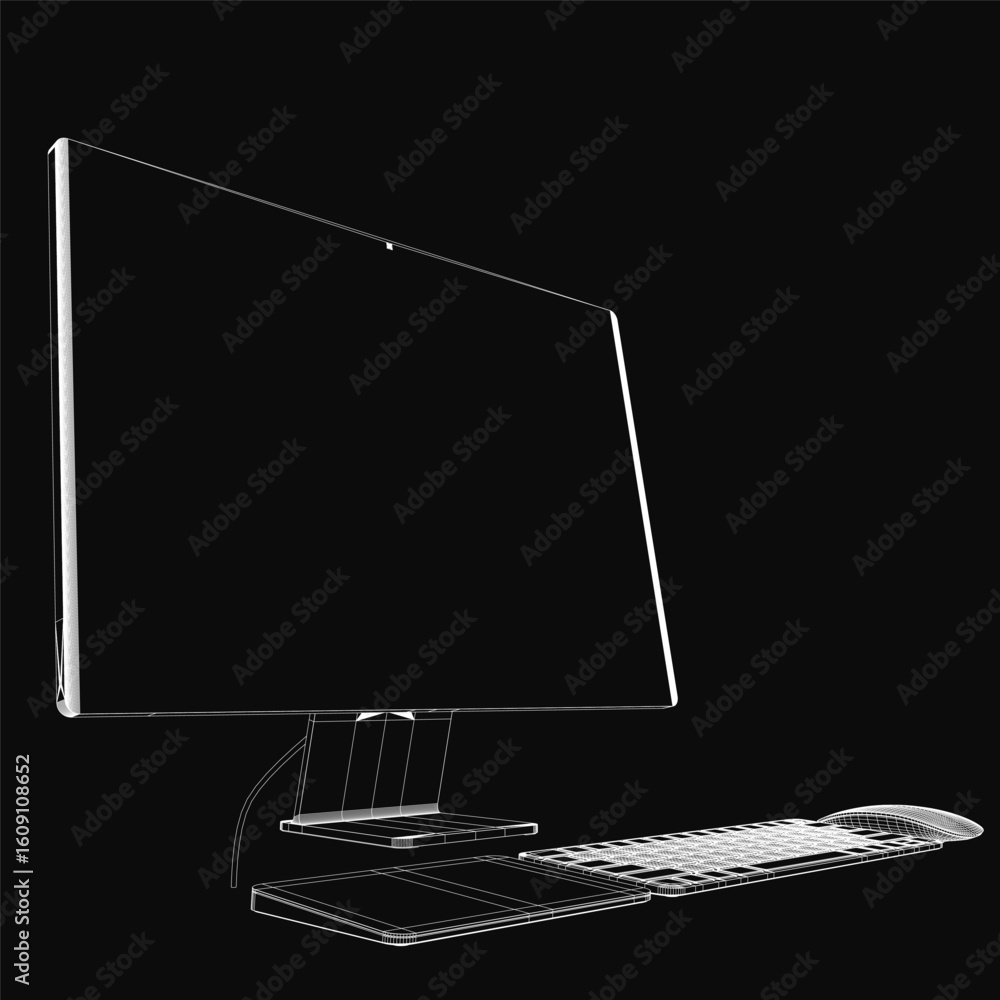 Poster a monoblock computer monitor sits on a desk with a keyboard and mouse, rendered in detailed 3d wiref