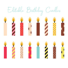 Editable Birthday Candle Vector Set, Colorful Cake Party Decoration Clipart