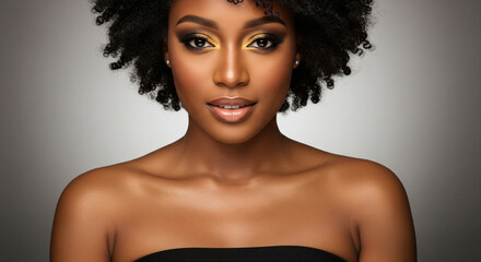Fototapeta premium Close up glamour portrait of attractive gorgeous African woman with perfect skin wearing sophisticated golden eye makeup