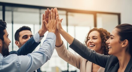 Successful Business Team Demonstrating Unity and Achievement Through a Powerful Hand Stack