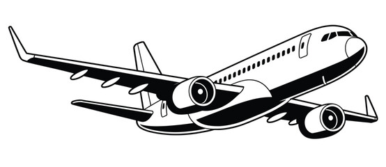  Black and White Illustration of Commercial Airplane in Flight with Visible Landing Gear, Wings, and Engines — Symbol of Travel and Motion