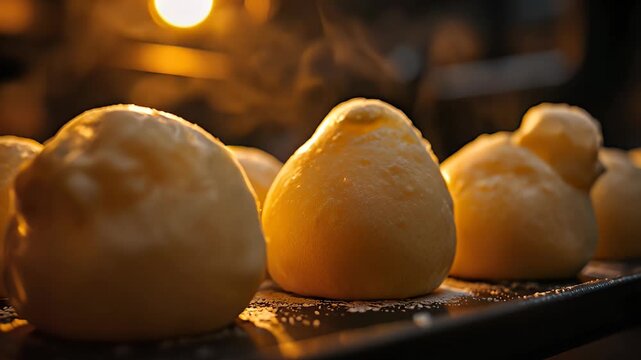 Process of profiterole production. Traditional French profiteroles baking in oven. Time lapse. Baking concept. Homemade food. Brewing cake.