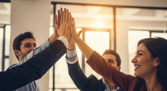 Successful diverse business team celebrating achievement with a high five in a modern sunlit office promoting unity and collaboration