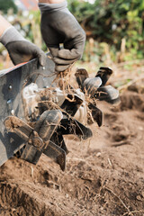 Hands Using a Tiller Outdoors for Planting and Cultivation in Gardening Activities