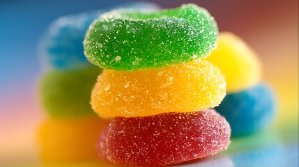 Colorful Sugar-Coated Gummy Candy Rings in Vibrant Colors for Snacking and Treats.