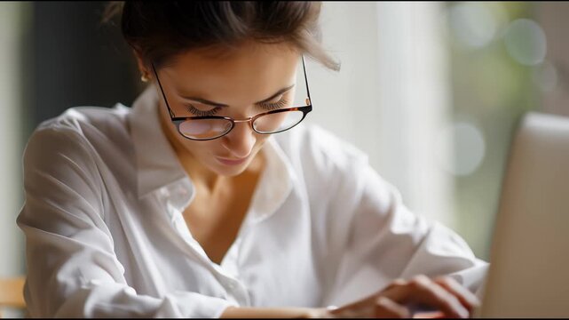 Focused Productivity: An elegant woman, engrossed in her work, demonstrates the essence of focused productivity. She's poised, her eyes focused on her laptop screen.