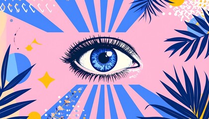 A vibrant, stylized eye in the center of a design featuring pink and blue geometric shapes, tropical leaves, and abstract elements
