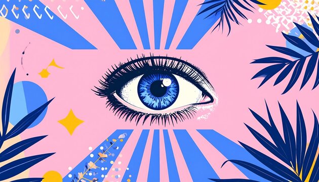 A vibrant, stylized eye in the center of a design featuring pink and blue geometric shapes, tropical leaves, and abstract elements