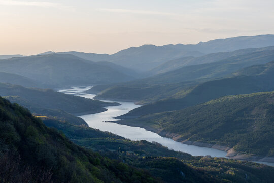 The Kozji Kamen viewpoint offers a beautiful view of Lake Zavojsko, the meanders of the Visocica River and mountain peaks. Serbia near Pirot. Panoramic view of Zavoj lake from viewpoint