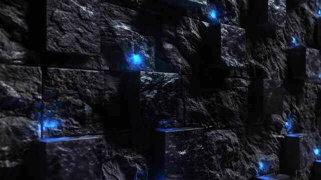 Dark stone wall with glowing cubes