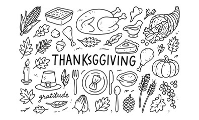 Thanksgiving celebration doodle: turkey, harvest, and gratitude elements in black and white