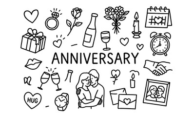 Anniversary celebration doodle art featuring romantic and festive symbols
