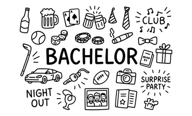 Bachelor party celebration doodle set with fun icons and symbols