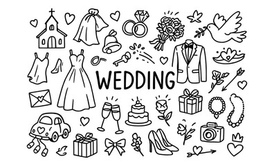Hand drawn wedding doodles set: dresses, rings, and celebration icons