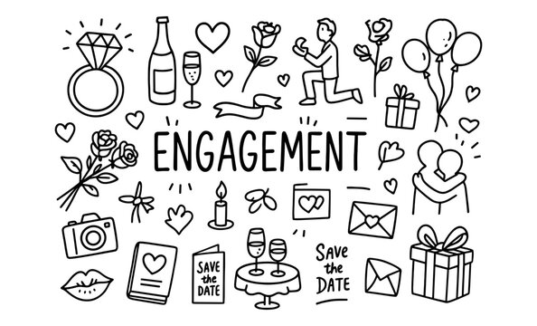 Engagement celebration doodles featuring romantic symbols and proposal elements in hand-drawn style